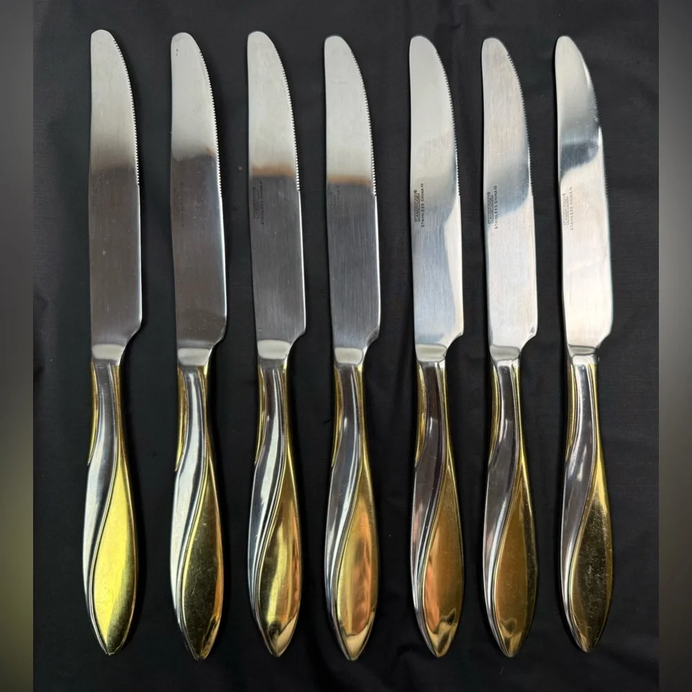 CAMBRIDGE Gold Tone and Stainless Swirl Flatware Set‎ of 7 Dinner Knives
